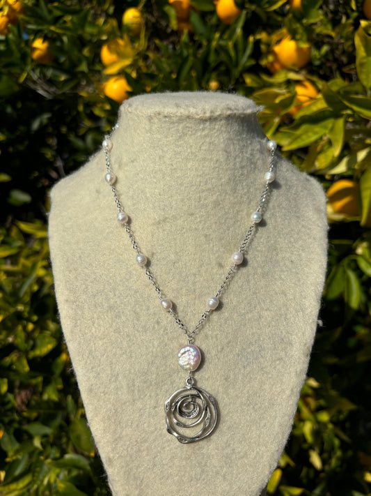 Spiral Pearl Drop Silver Necklace
