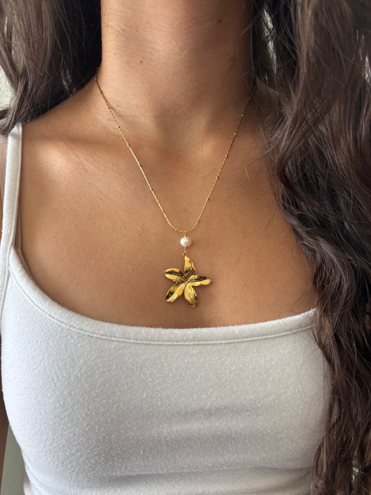 Flower Pearl Drop Gold Necklace