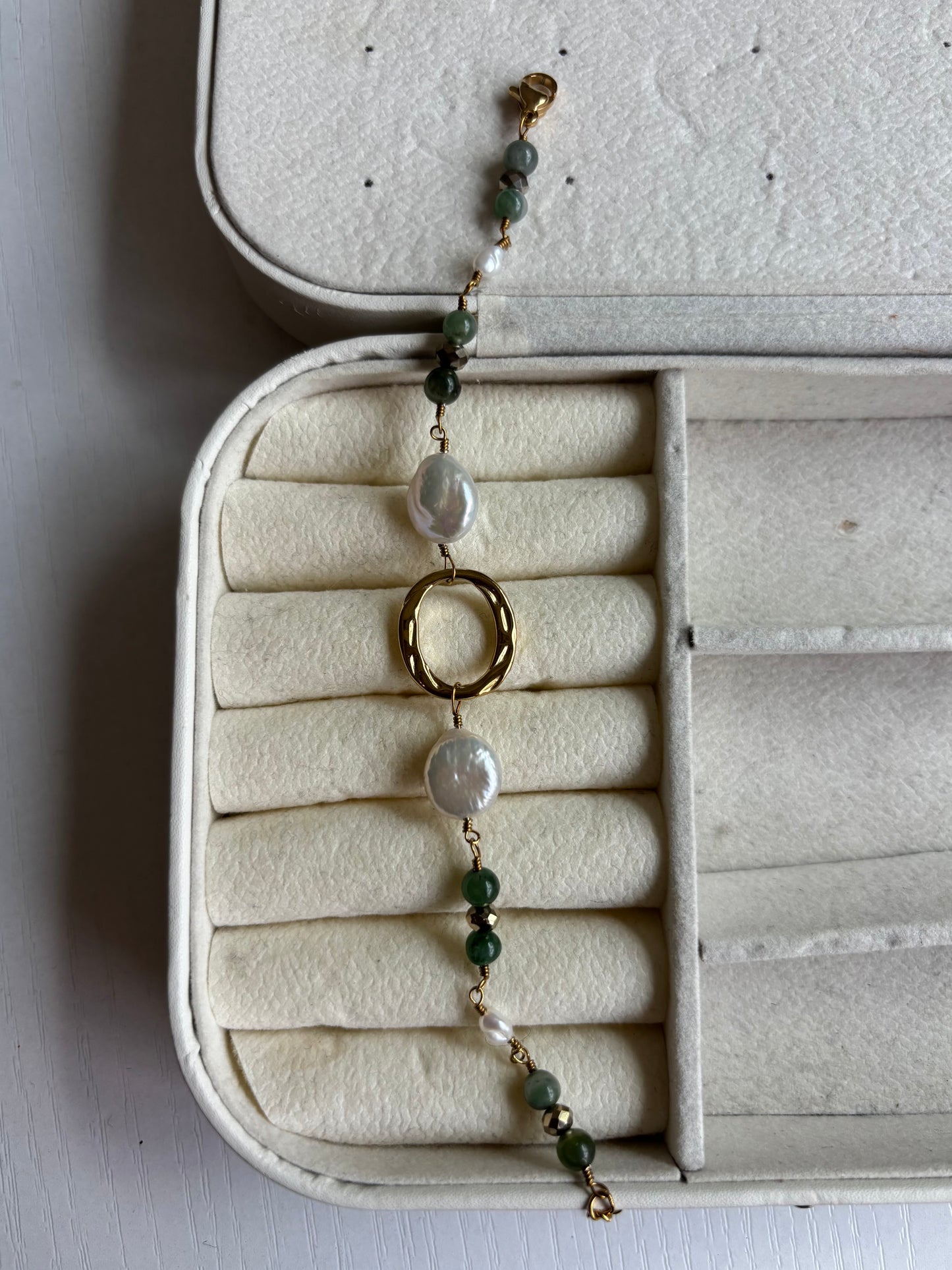 Oval Greens & Pearls Gold Wire Bracelet