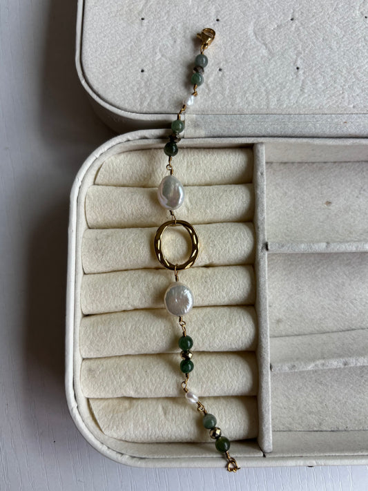 Oval Greens & Pearls Gold Wire Bracelet
