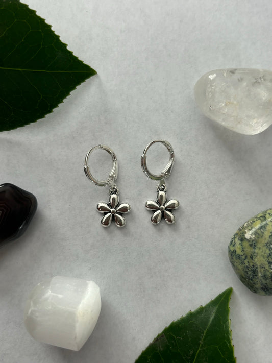 Flower Silver Huggie Earrings