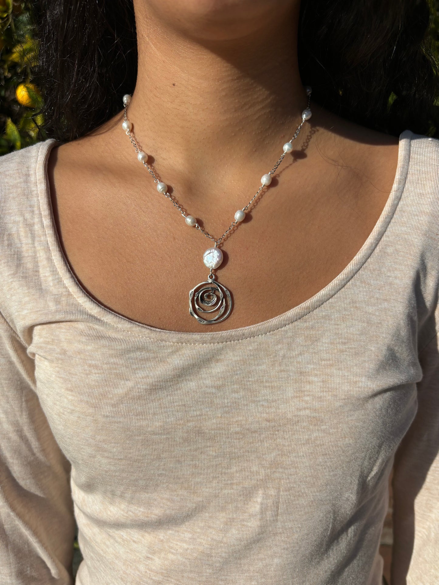 Spiral Pearl Drop Silver Necklace