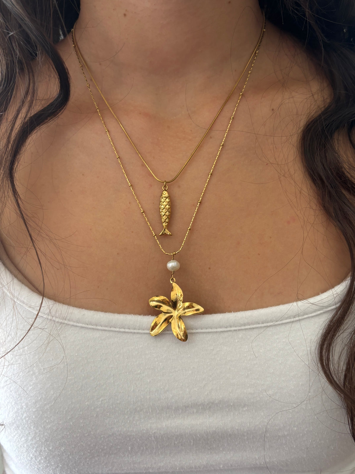 Flower Pearl Drop Gold Necklace