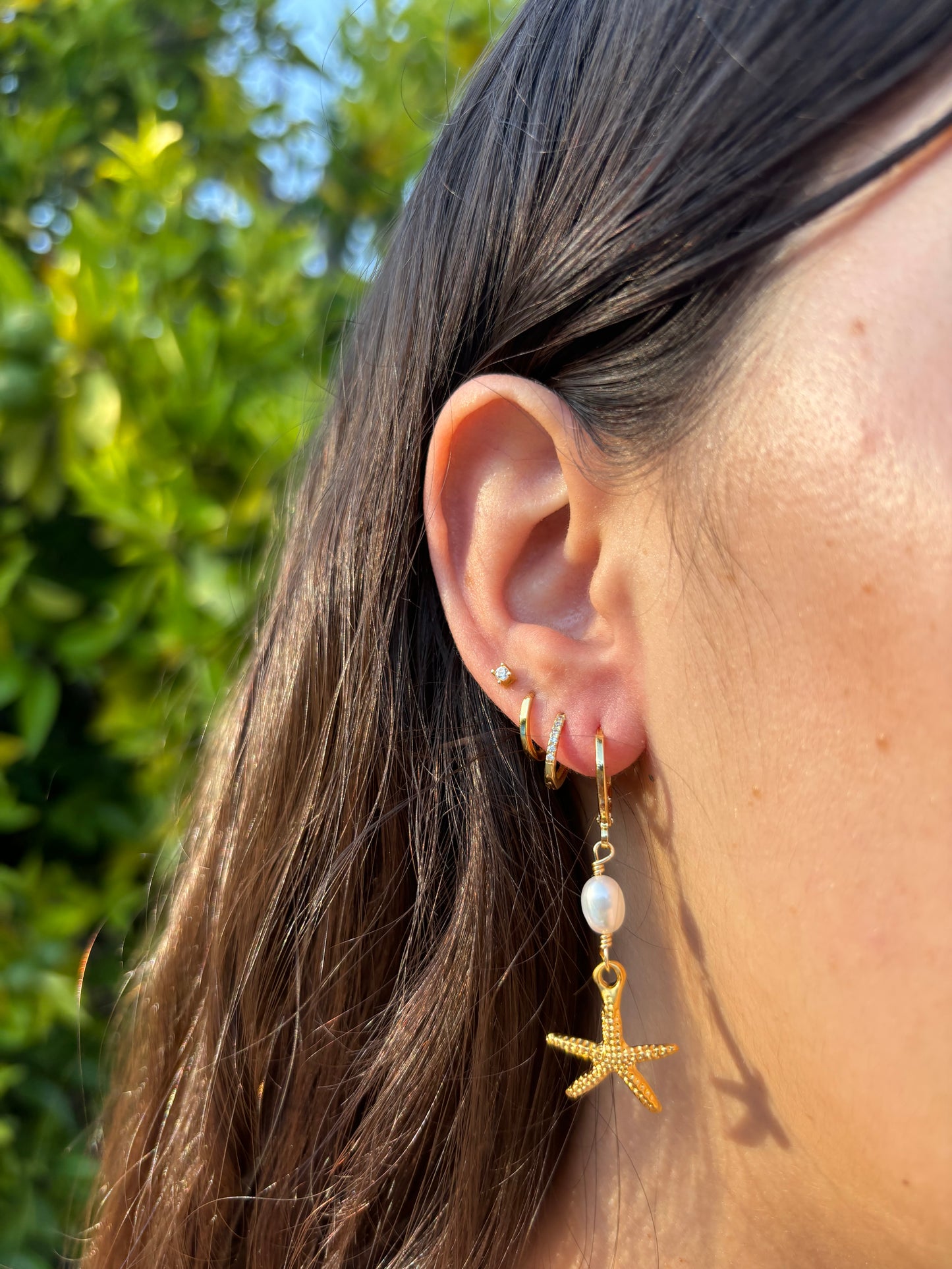 Starfish Pearl Drop Gold Huggie Earrings