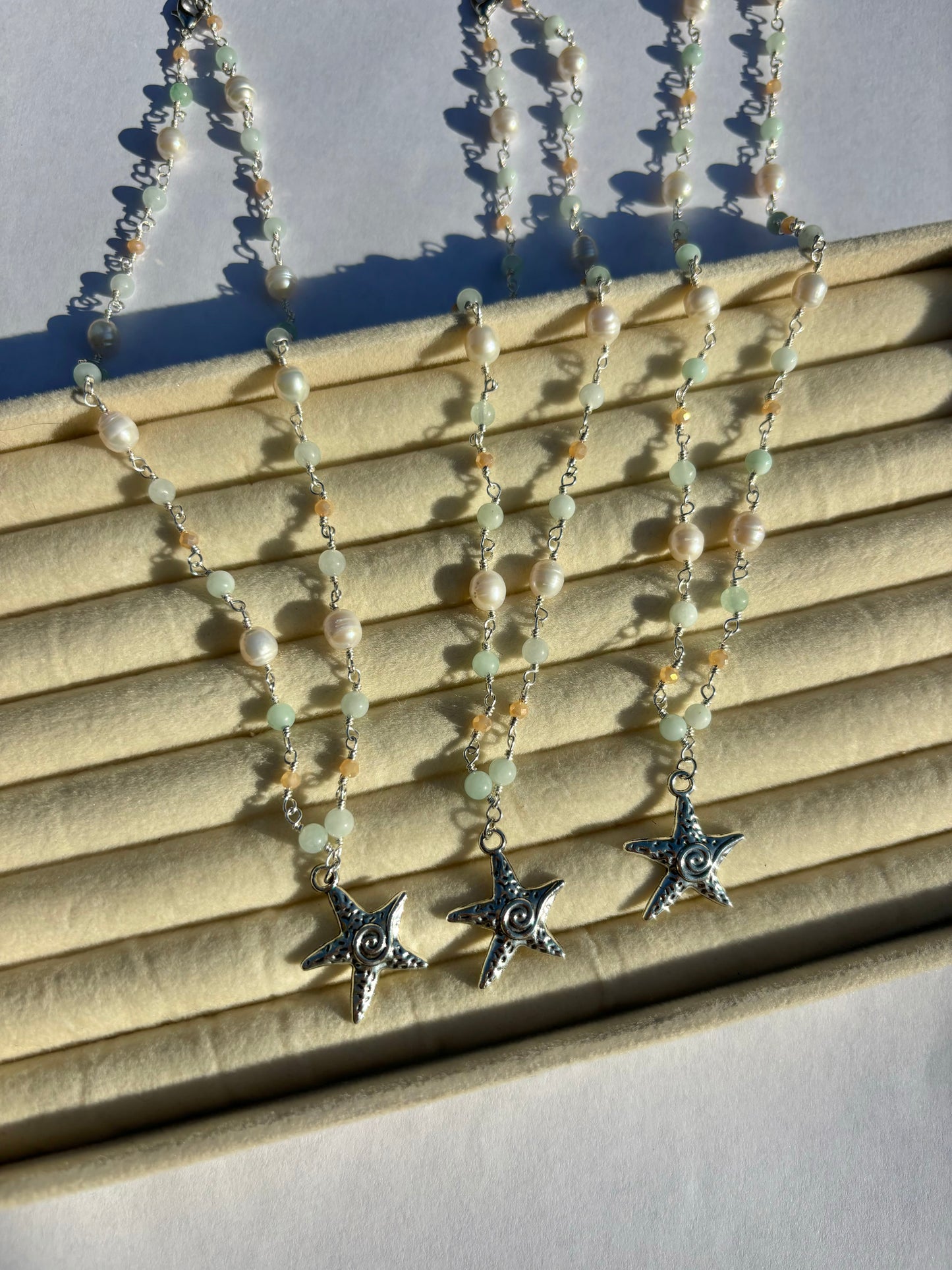 Spiral Starfish Silver Pearl Bead Wire Necklaces