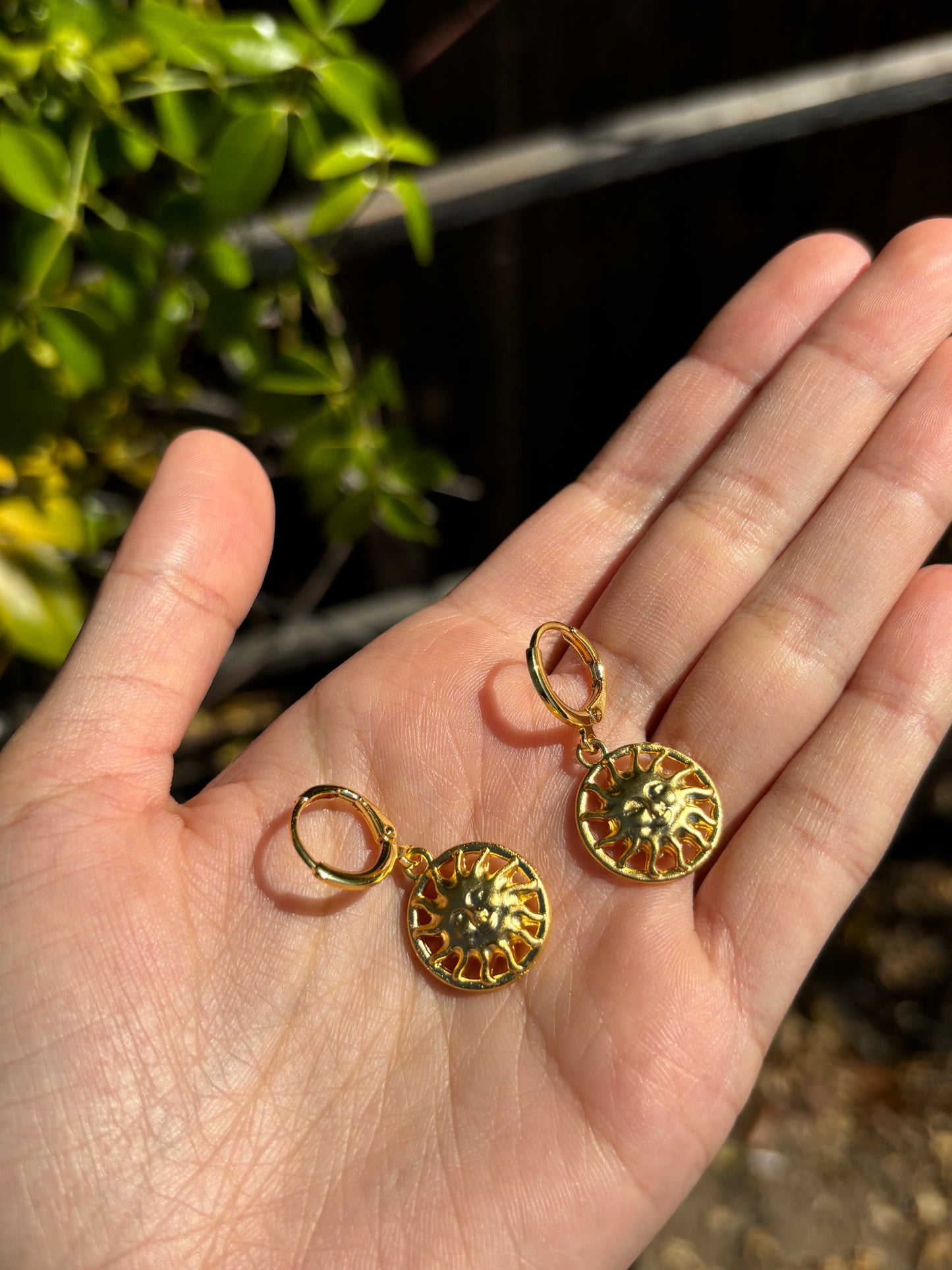 Round Sun Face Gold Huggie Earrings
