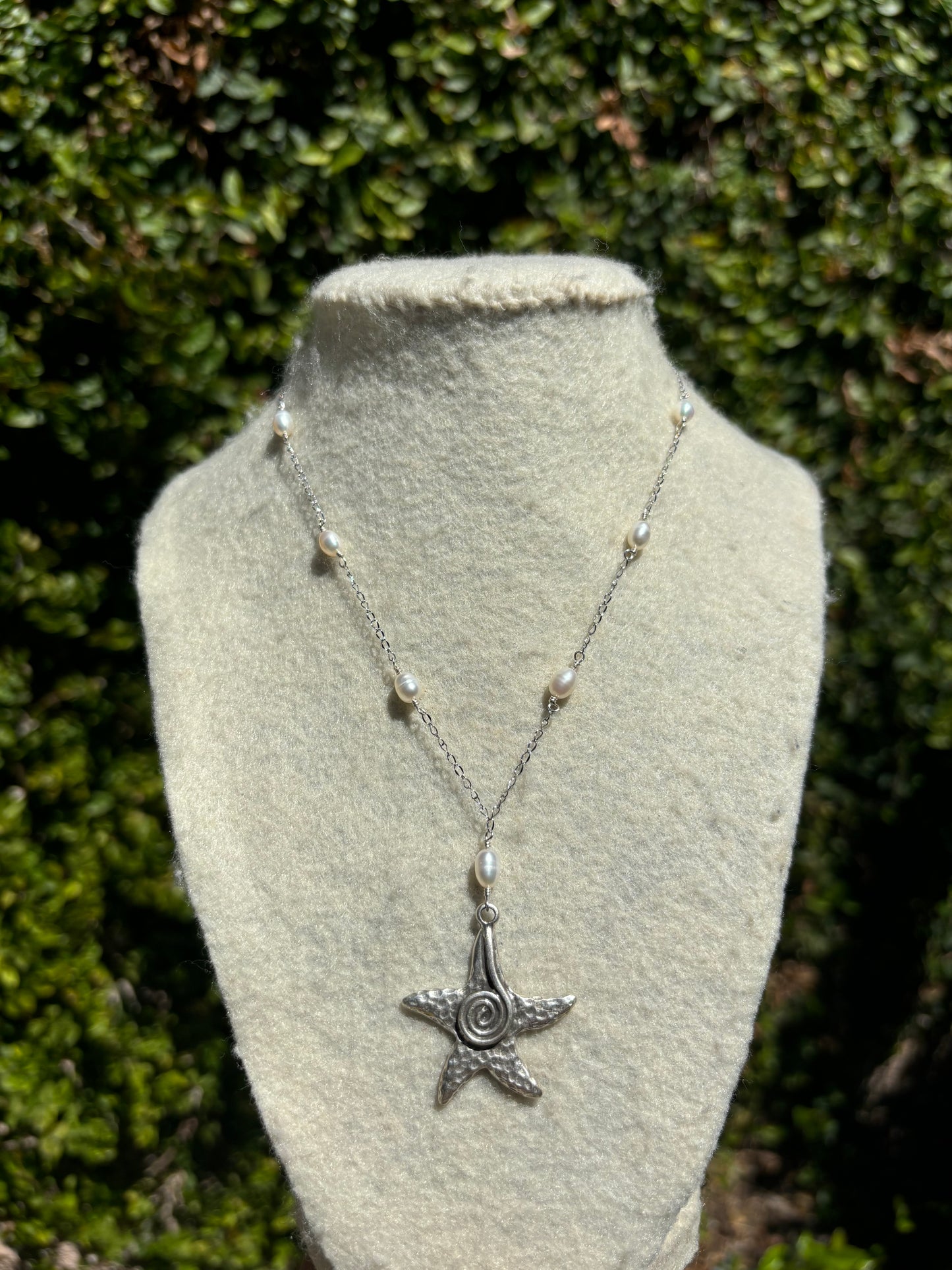 Spiral Starfish Pearl Drop Silver Necklace