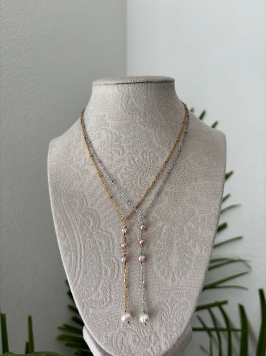 Pink & White Pearl Drop Chain Necklaces