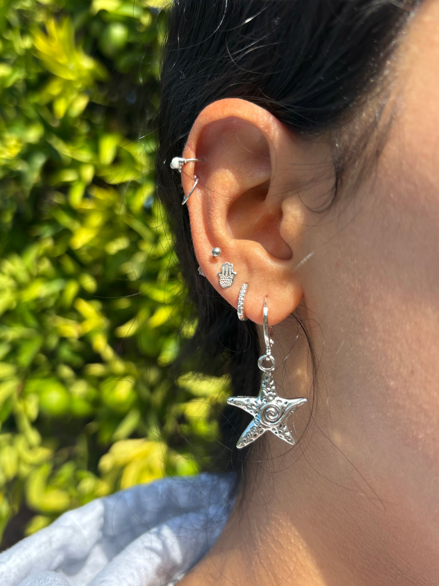 Starfish Spiral Silver Huggie Earrings