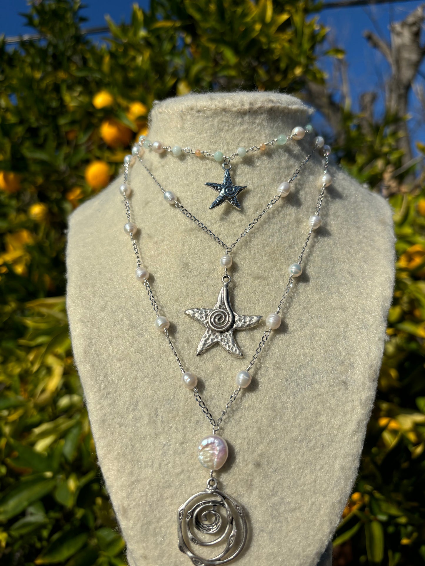 Spiral Pearl Drop Silver Necklace