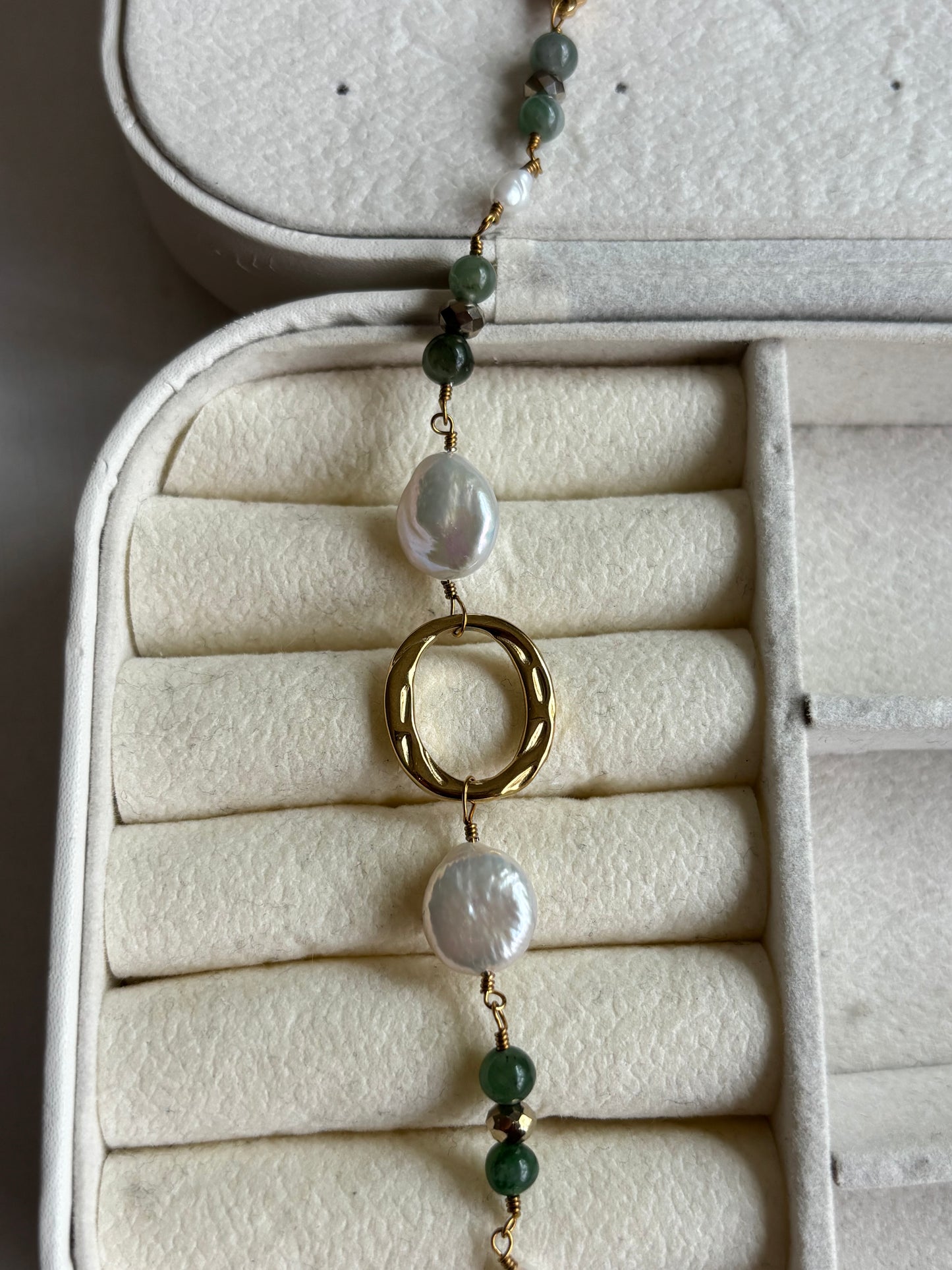 Oval Greens & Pearls Gold Wire Bracelet
