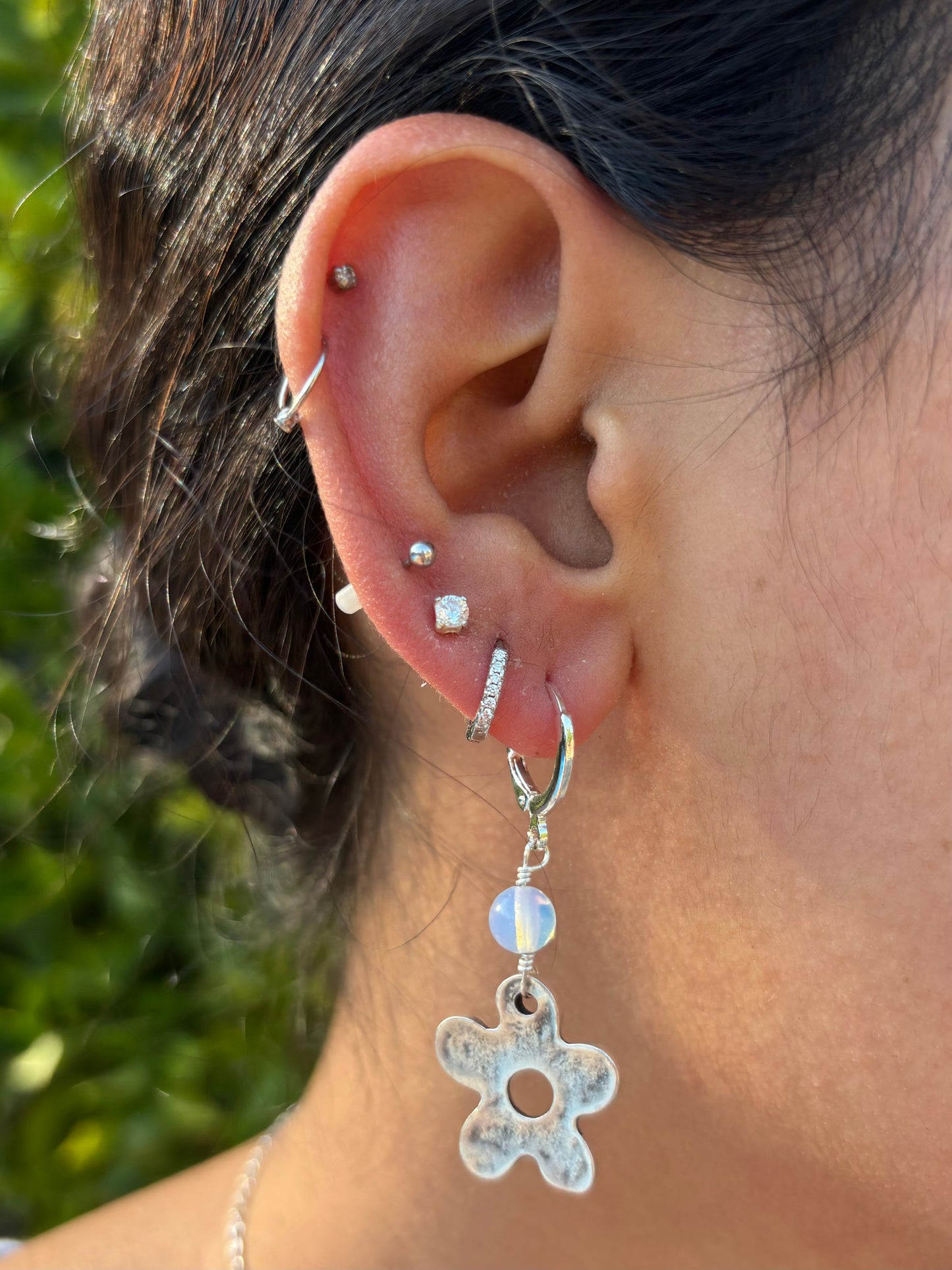 Flower Opalite Drop Silver Huggie Earrings