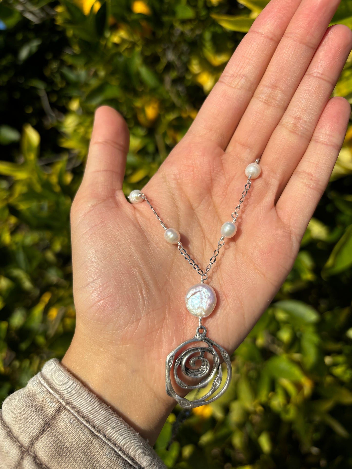 Spiral Pearl Drop Silver Necklace