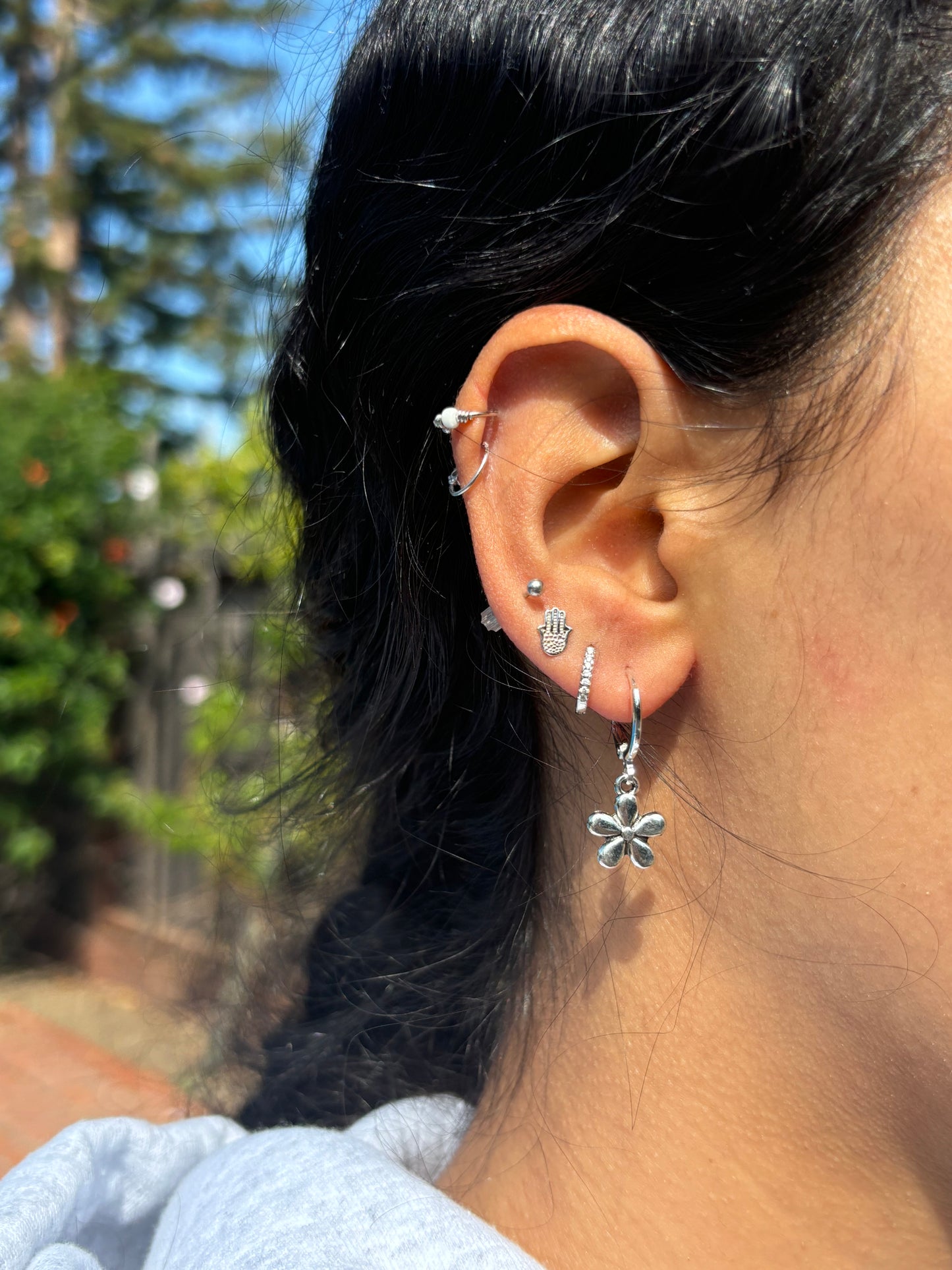 Flower Silver Huggie Earrings