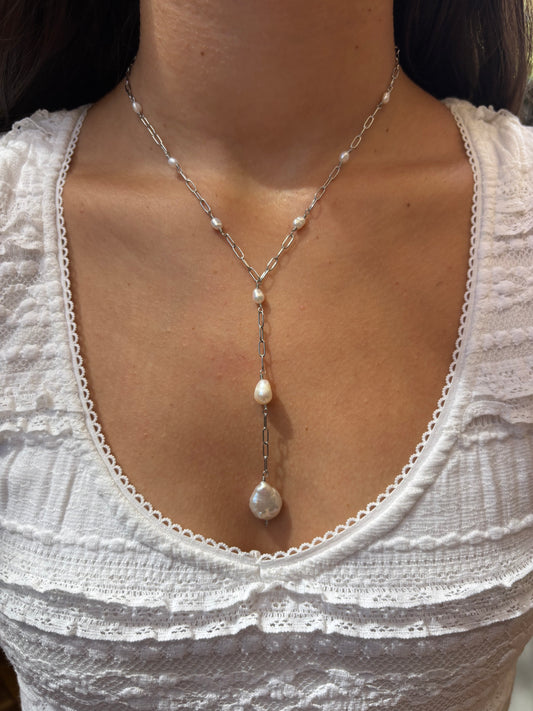 Teardrop Triple Pearl Drop Silver Necklace