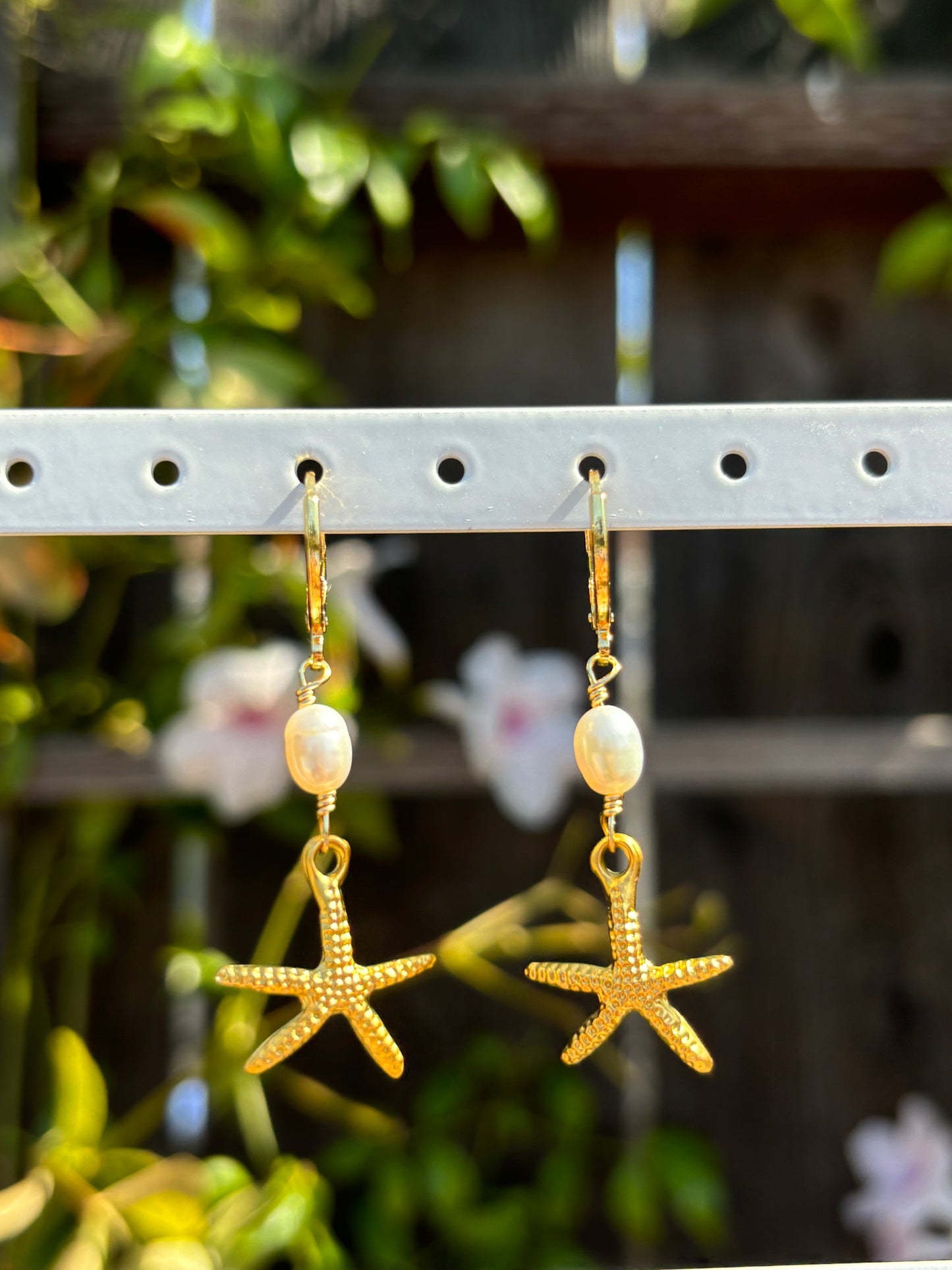 Starfish Pearl Drop Gold Huggie Earrings