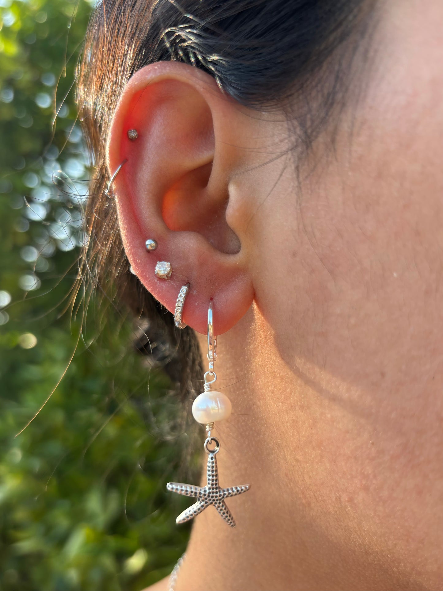 Starfish Pearl Drop Silver Huggie Earrings