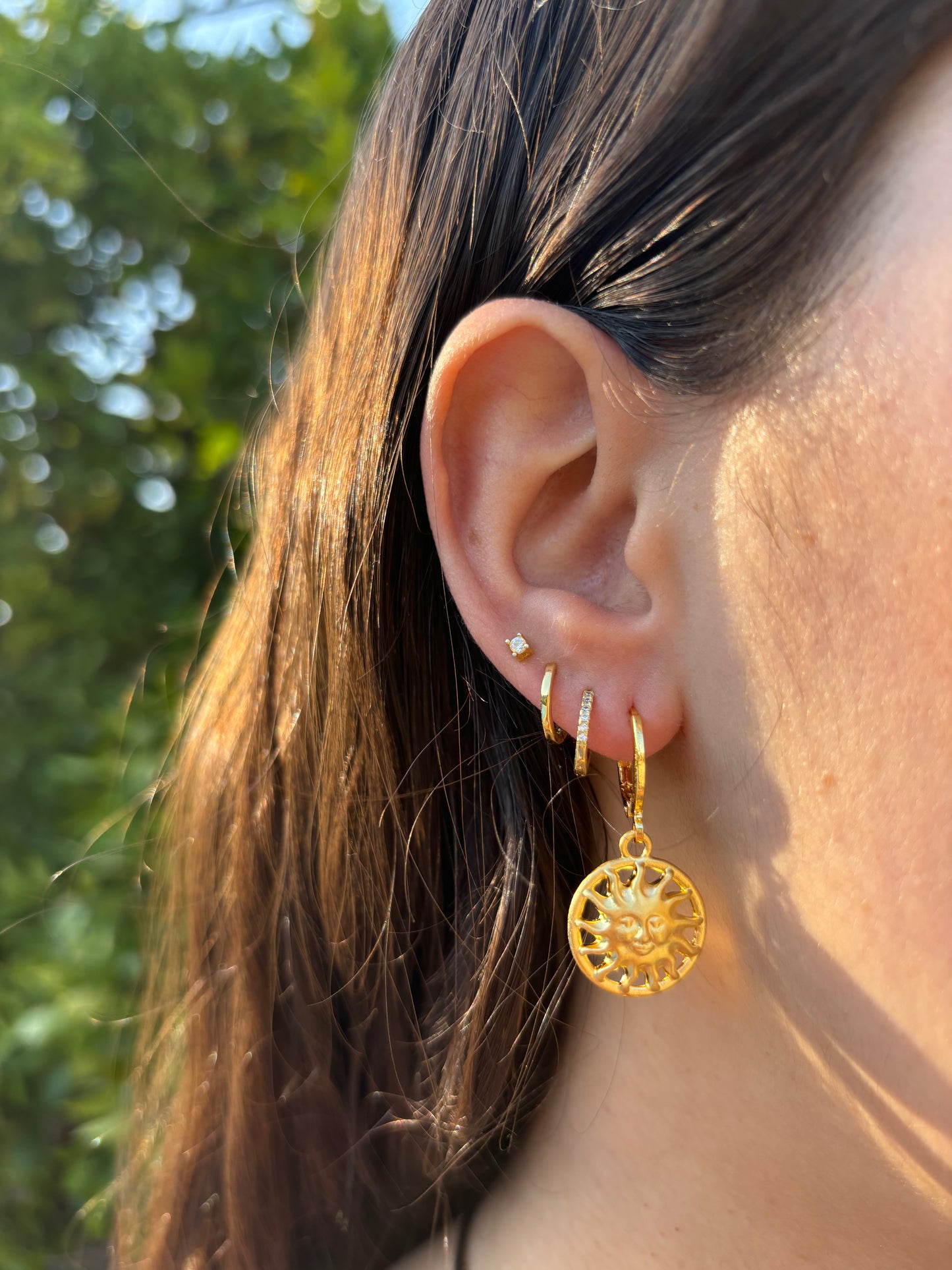 Round Sun Face Gold Huggie Earrings