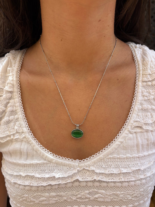 Green Stone Silver Chain Necklace