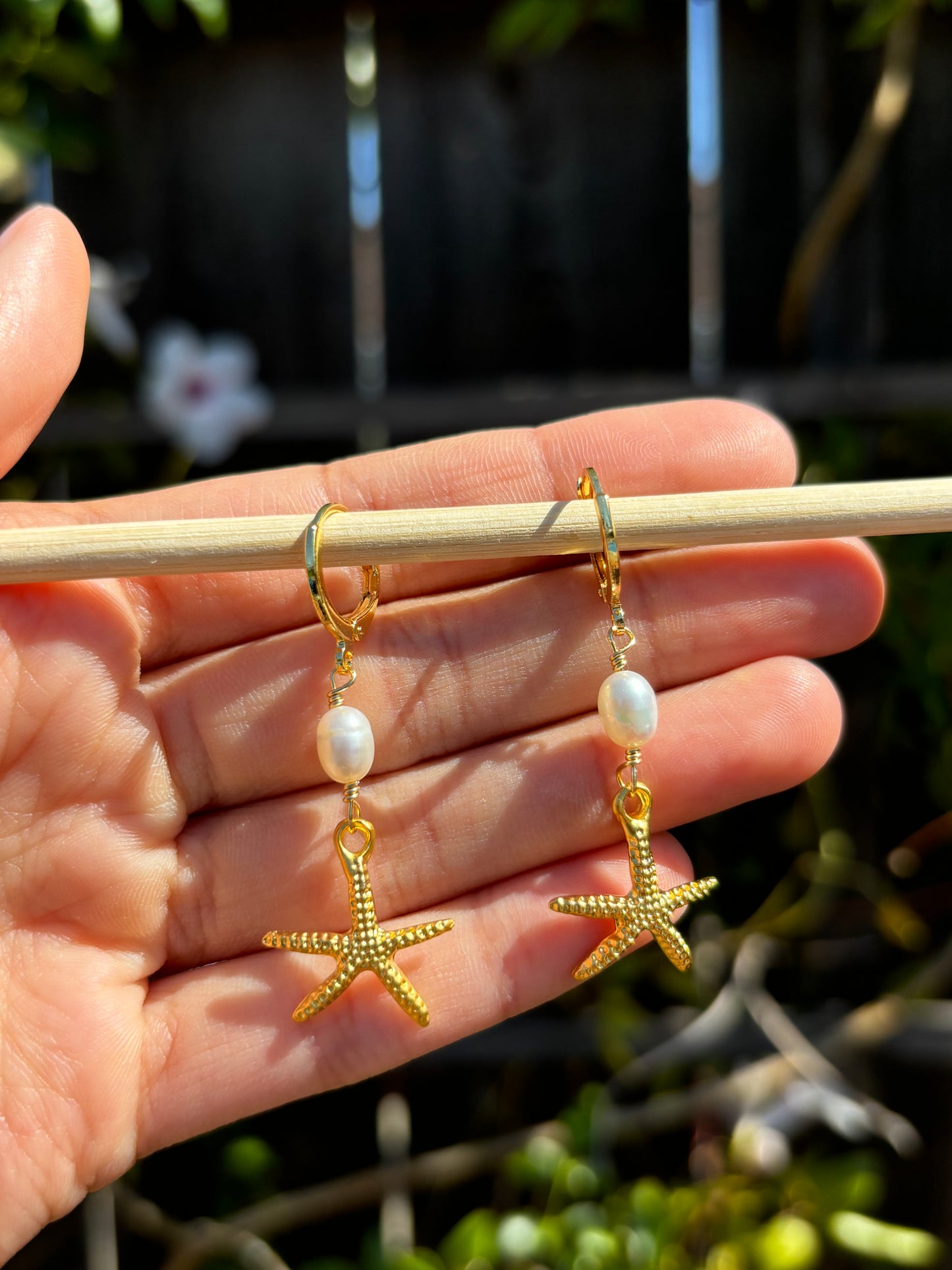 Starfish Pearl Drop Gold Huggie Earrings