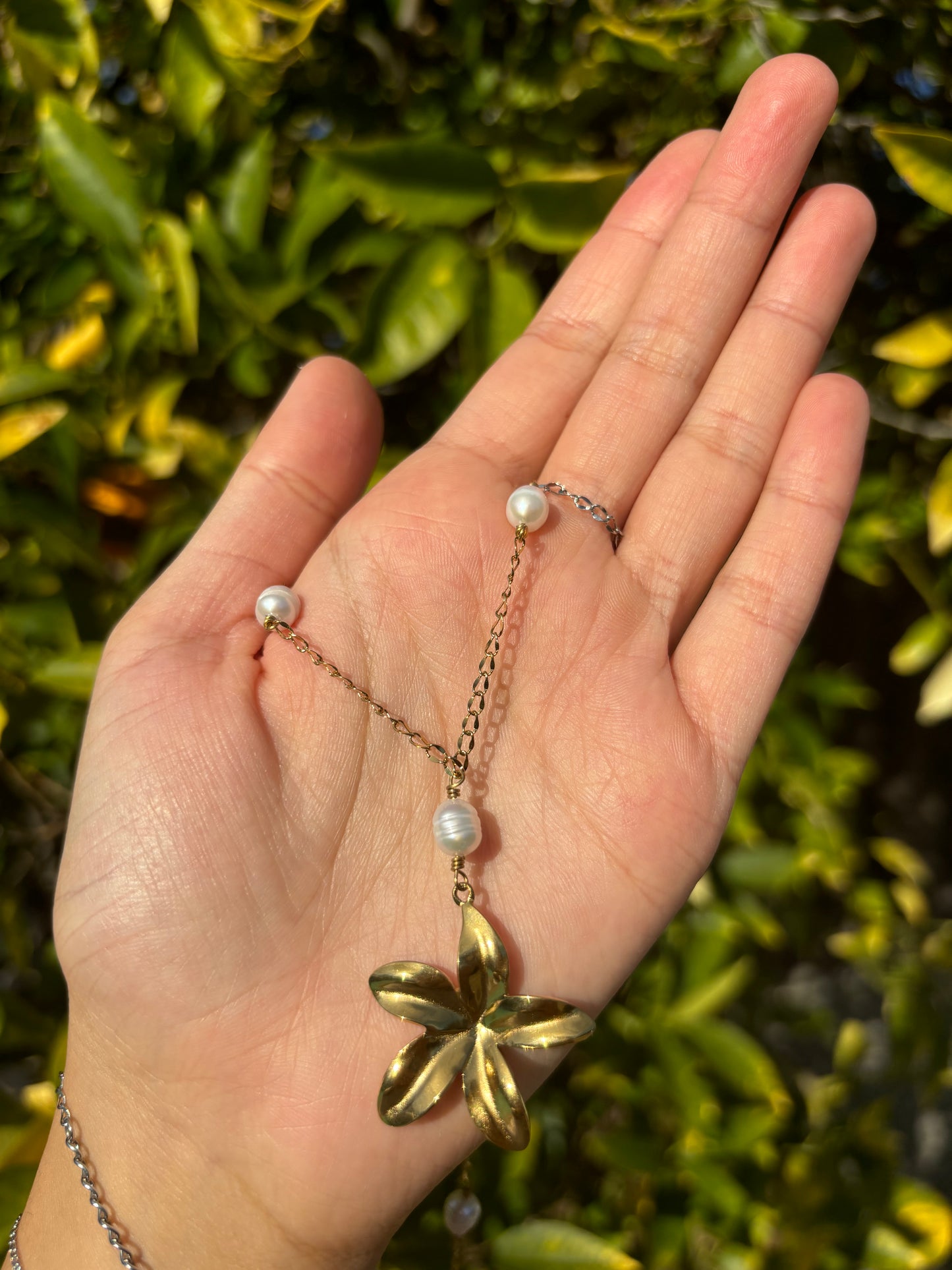 Flower Pearl Drop Gold Necklace