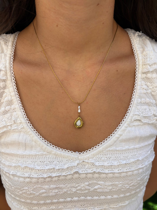 Teardrop Double Pearl Drop Gold Necklace
