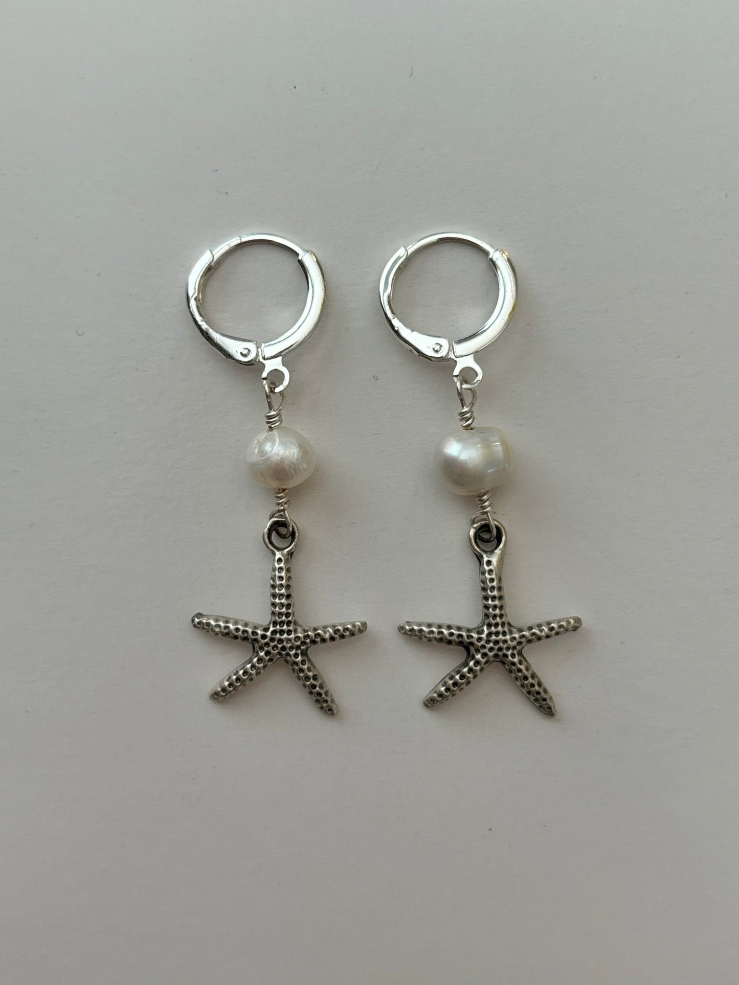 Starfish Pearl Drop Silver Huggie Earrings