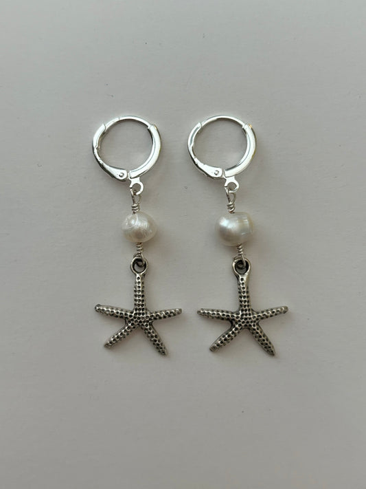 Starfish Pearl Drop Silver Huggie Earrings
