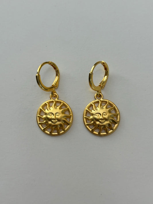 Round Sun Face Gold Huggie Earrings