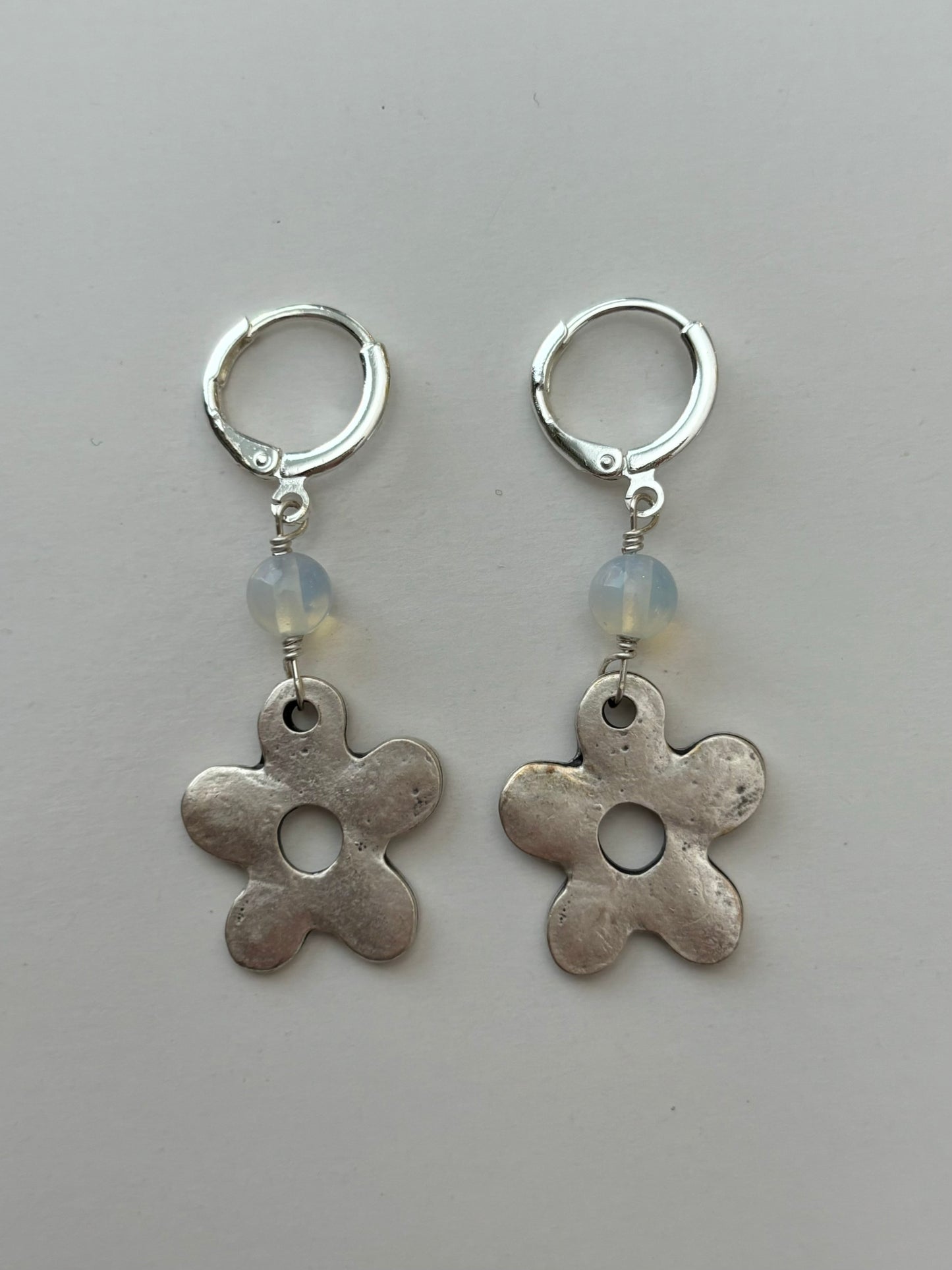 Flower Opalite Drop Silver Huggie Earrings