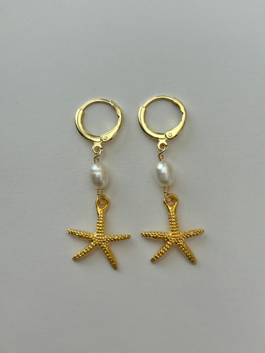 Starfish Pearl Drop Gold Huggie Earrings