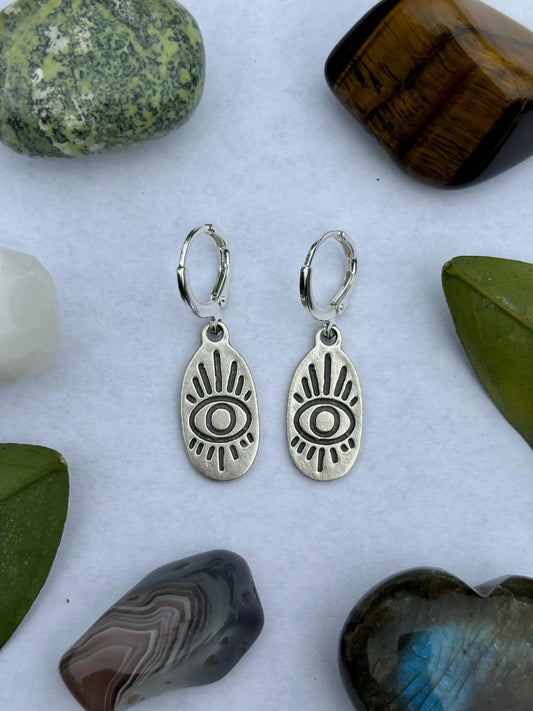Oval Eye Silver Huggie Earrings