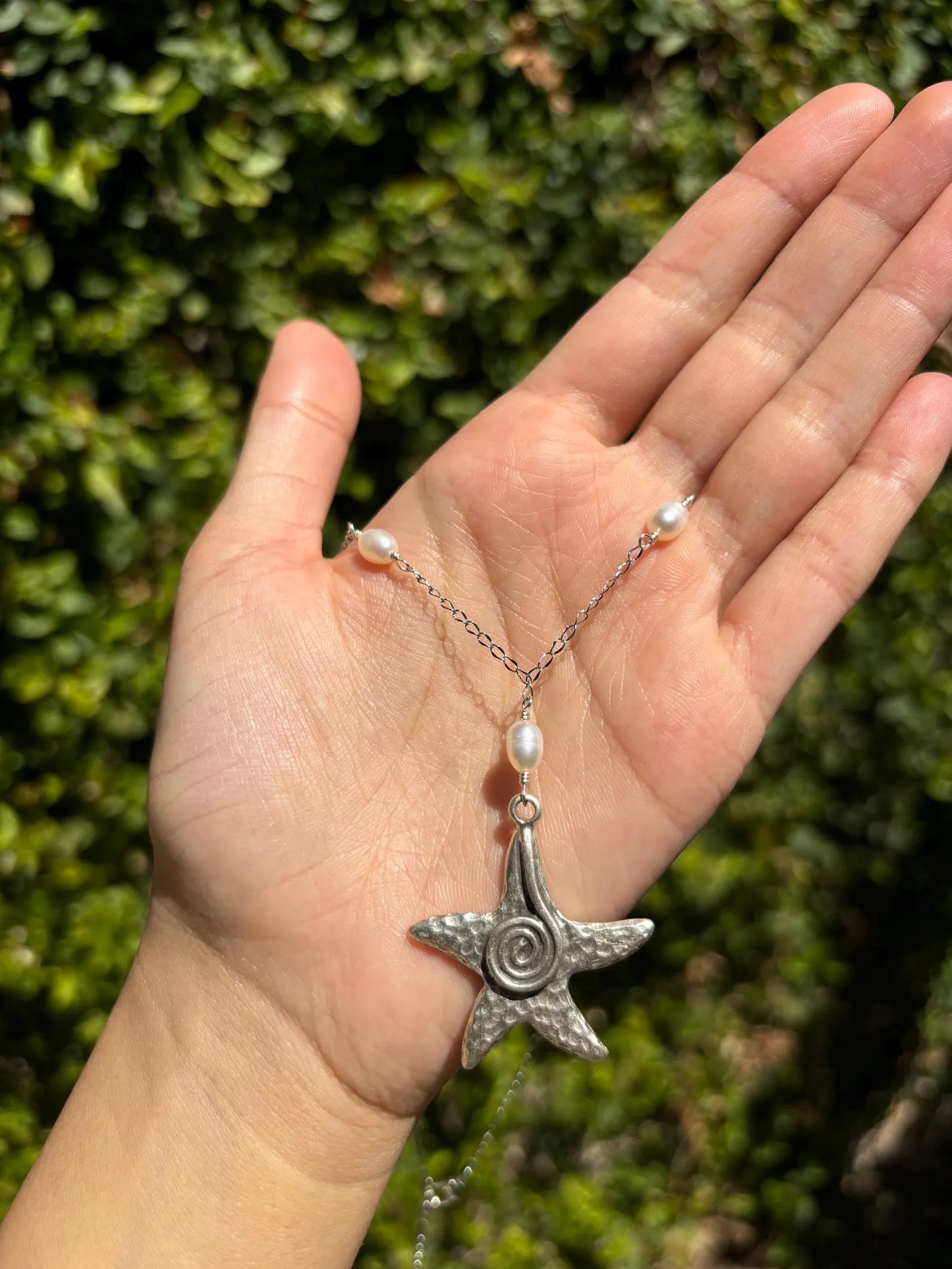 Spiral Starfish Pearl Drop Silver Necklace