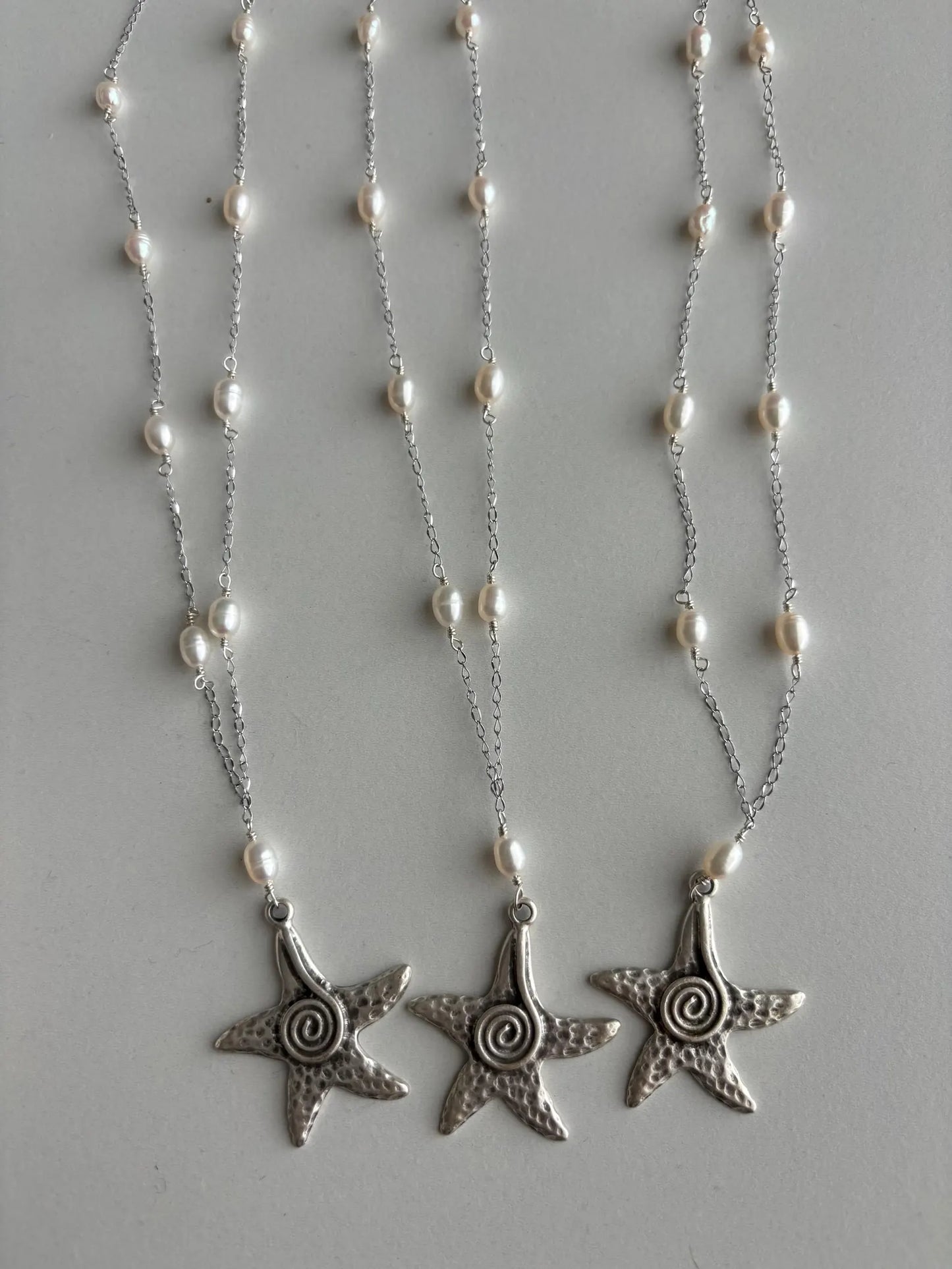 Spiral Starfish Pearl Drop Silver Necklace